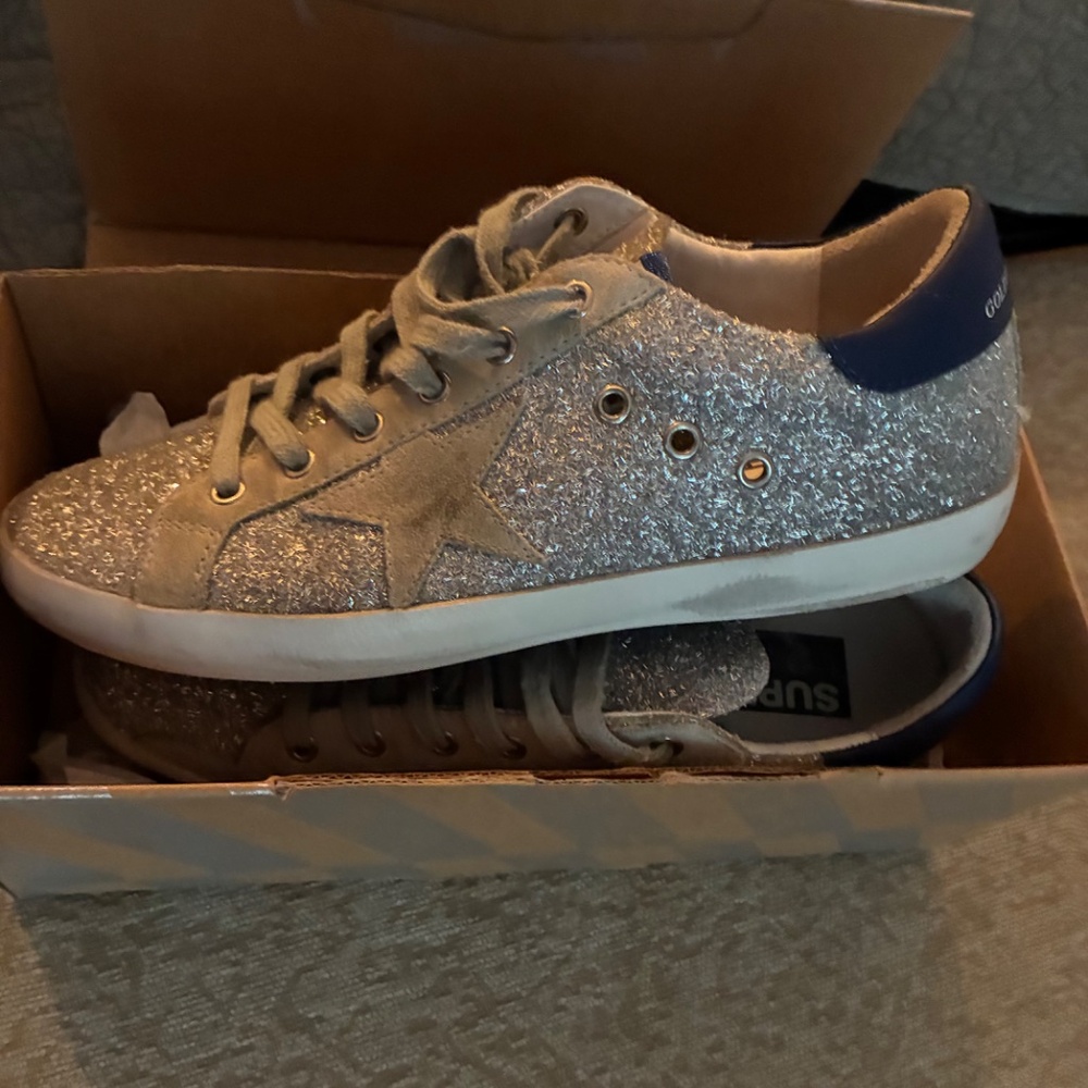 GOLDEN GOOSE Superstar Blue Silver Sequin Leather Suede Low Top Sneaker 40/10